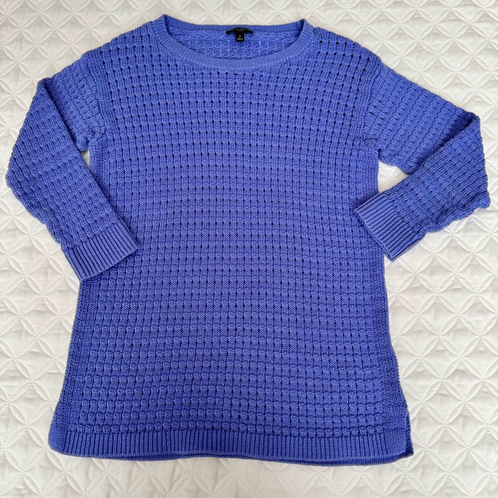 Talbots Windowpane Open Knit Crew Neck 3/4 sleeve Sweater Purple Blue Sz P / XSP